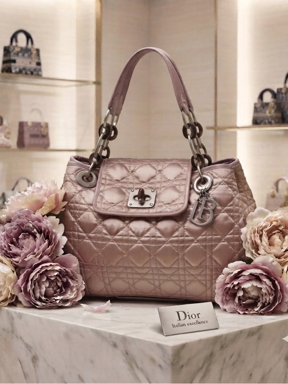 Dior Quilted Satin Shoulder Bag in Blush Pink